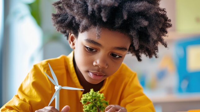 Young Scientist Exploring Green Energy: A curious young boy with curly hair, wearing a yellow shirt, meticulously examines a miniature wind turbine and a small plant.