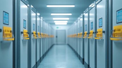 Fototapeta premium Food safety storage health concept. Row of Industrial Freezers With Safety Labels and Monitoring Equipment in Hallway Corridor