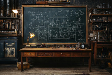 Wide black blackboard inscribed with scientific formulas and calculations in physics, math, chemistry and electrical circuits. Science and education