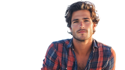 Portrait of a young man with styled hair and a casual plaid shirt, exuding confidence and charisma, against a white isolate background.
