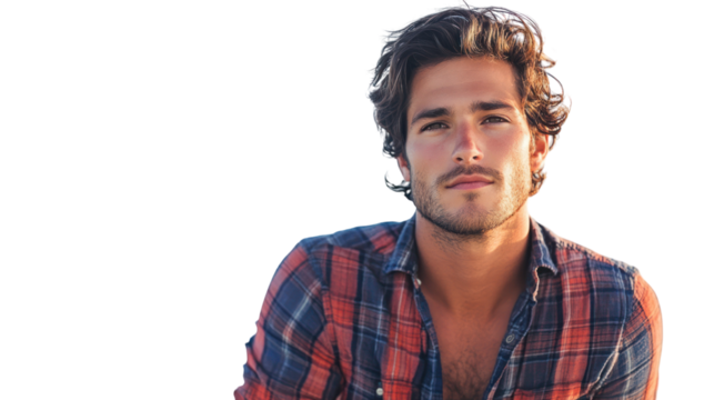 Portrait of a young man with styled hair and a casual plaid shirt, exuding confidence and charisma, against a white isolate background.