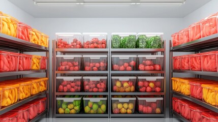 Food safety storage health concept. Well Organized Food Storage Room with Labeled Shelves for Fresh Produce and Ingredients