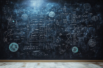 Wide black blackboard inscribed with scientific formulas and calculations in physics, math, chemistry and electrical circuits. Science and education