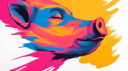 Fototapeta premium Vibrant digital painting of a pig's head, showcasing bold strokes of pink, blue, and orange. A striking artistic interpretation.