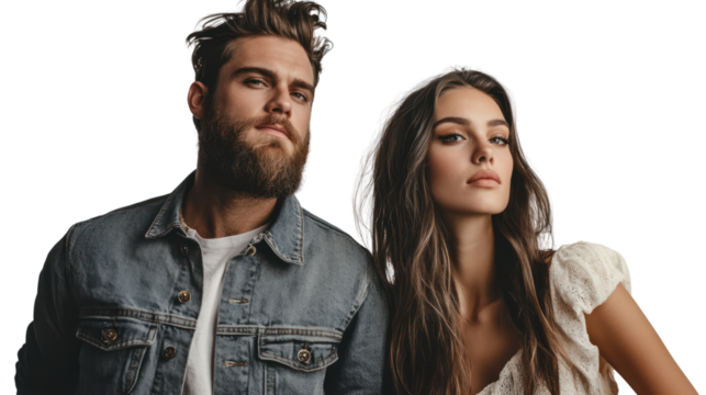 Stylish couple posing confidently, showcasing modern fashion trends and strong expressions, perfect for lifestyle and relationship themes.