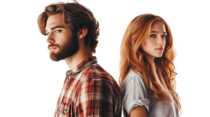 Two young adults standing back to back, showcasing contrasting styles and expressions, with a focus on individuality and modern relationships.