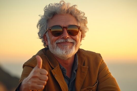 Smiling man giving thumbs up at sunset by the beach with clear sky in background
