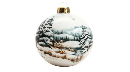 Beautifully painted Christmas ornament featuring a winter landscape with snowy trees, a serene river, and a cozy cabin.