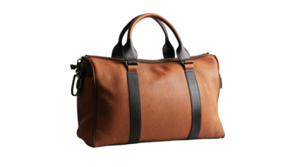 Stylish brown leather duffel bag with black straps on a white isolated background, perfect for travel or gym.