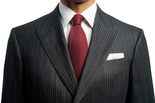 Elegant business attire featuring a pinstriped suit and a textured tie, perfect for formal occasions or professional settings