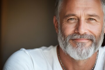 Obraz premium Mature man with a beard smiling warmly, showcasing a friendly demeanor in a cozy indoor setting during the afternoon