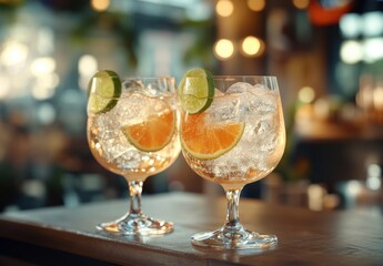 Refreshing Summer Cocktails with Ice, Citrus Fruits and Bright Bokeh Background in a Trendy Bar Setting Perfect for Celebrating Warm Evenings with Friends