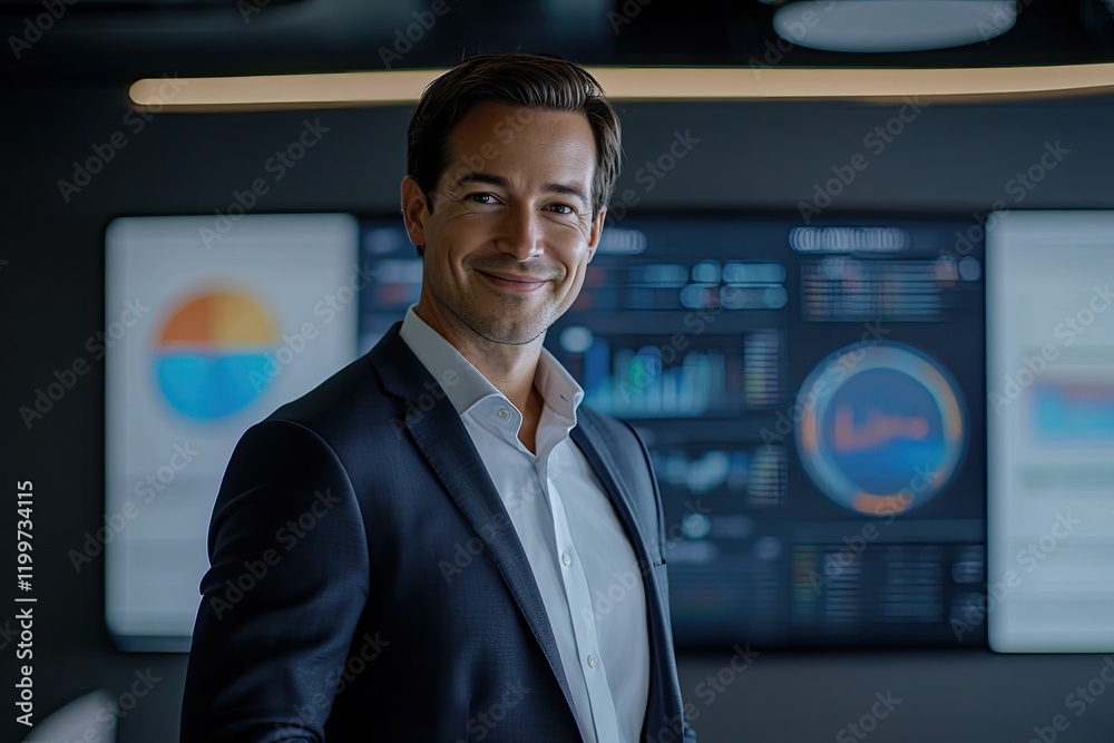 Poster confident businessman standing in front of data dashboard in modern office setting smiling directly 