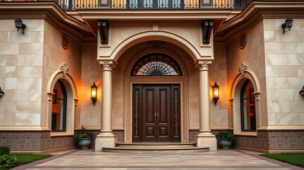 Fototapeta premium Majestic Mansion Entrance: A Glimpse of Architectural Grandeur. This image showcases the stunning exterior of a luxurious house, highlighting its classical design, grand entrance, and elegant details.