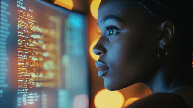 Stock market chart. Woman looking monitr scrolling market trading results. Economy and finance background