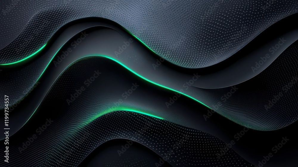 Poster a striking abstract design featuring flowing layers in dark tones, highlighted by subtle green accen