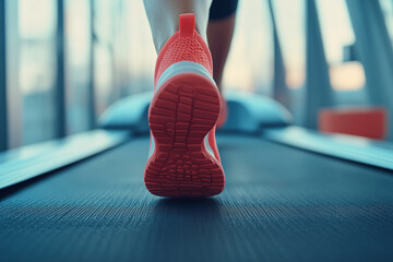 Closeup of a women feet wearing sneakers and doing exercise on treadmill at home or at gym 