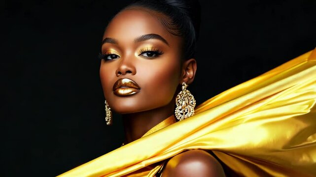 A black woman model highlights radiant golden makeup while draped in luxurious fabric, exuding elegance and sophistication against a dark backdrop