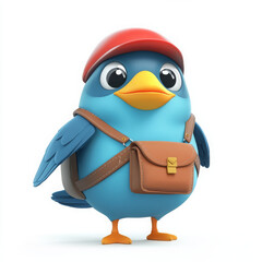 Obraz premium Cute blue bird character wearing red hat and brown bag, cheerful expression