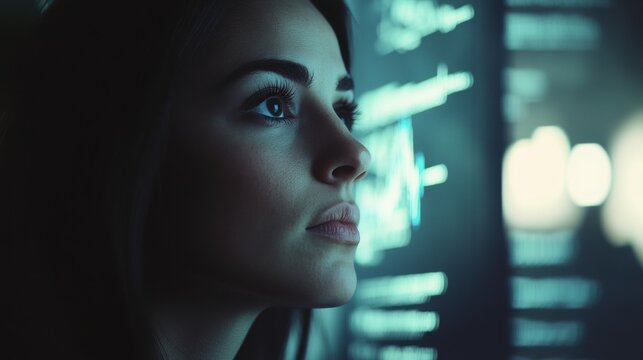 Stock market chart. Woman looking monitr scrolling market trading results. Economy and finance background