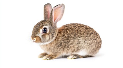 A cute rabbit sitting upright, ears perked up, isolated on a pure white background,