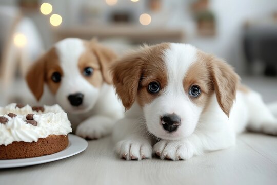Cute puppies near a delicious cake celebrating a special occasion at home