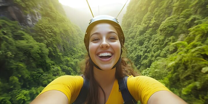 A young woman wearing a helmet smiles widely while ziplining over a lush green valley. The setting is vibrant and adventurous. Concept Adventure Travel, Ziplining Experience