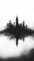 Obraz premium A surreal black and white cityscape emerges from the clouds, its reflection mirrored below. An iconic skyscraper dominates the skyline.
