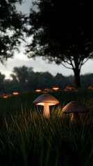Mushrooms glowing softly under twilight in a tranquil forest setting