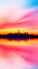 Naklejka premium Vibrant city skyline reflected in calm water at sunset. A picturesque view of a modern city against a colorful sky.