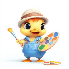 Cute duckling holding paintbrush and palette, ready to create art