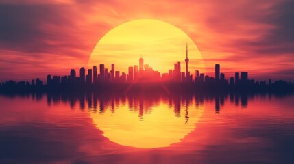 Fototapeta premium Fiery sunset silhouettes a city skyline reflected in calm waters. A breathtaking view of urban beauty.