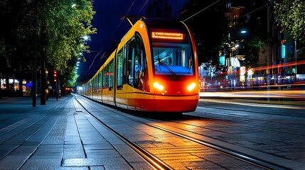 Obraz premium Modern Tram Illuminated at Night in Urban Environment with Light Trails and Green Tree Line Alongside Tracks, Showcasing Public Transportation in Action