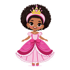 Cute little black princess with beautiful eyes in pink dress and golden crown. Isolate on white background, Vector illustration in flat drawn cartoon style