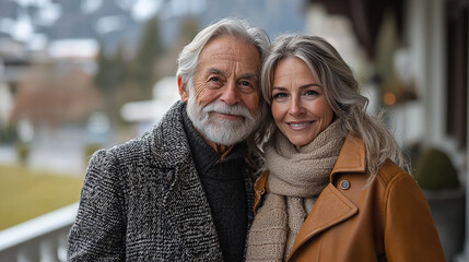 Middle aged couple enjoy scenic mountain view with smile, wearing coat outdoor