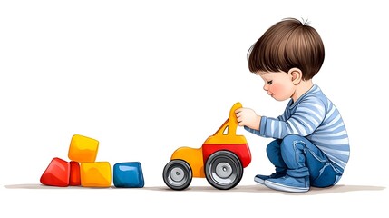 Fototapeta premium Adorable Young Boy Playing with Toy Truck and Colorful Building Blocks in a Bright and Cheerful Environment, Perfect for Children's Development and Fun Learning Activities