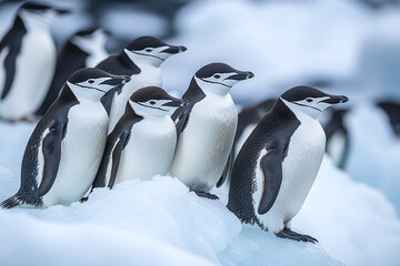 Group of chinstrap penguins staying in chick nursery in the snow ice in Antarctica.