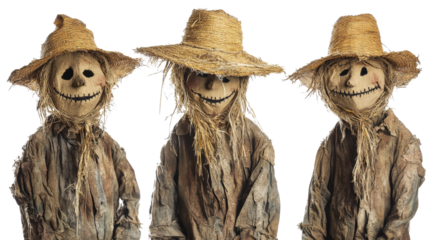 Three scarecrows with straw hats and facial expressions in a rural setting isolated on a white background.