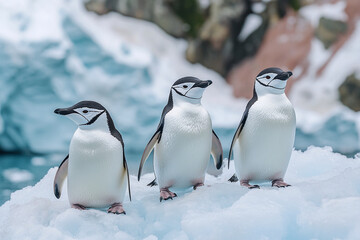 Fototapeta premium Group of chinstrap penguins staying in chick nursery in the snow ice in Antarctica.