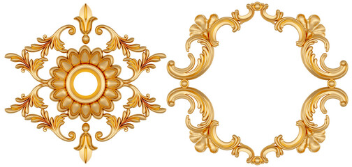 Gold ornament on transparent background, cut out, 3D render
