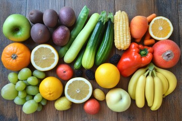 flat lay of fresh fruits and vegetables arranged on rustic wooden table illuminated by soft natural light