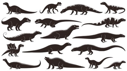 Artistic Representation of Various Dinosaur Silhouettes Featuring Unique Body Shapes and Distinctive Features Ideal for Educational Purposes, Creative Projects, and Illustrative Use