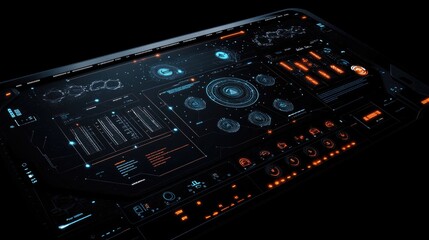 Obraz premium futuristic dashboard with glowing interface icons on sleek black background providing spacious copy space for text