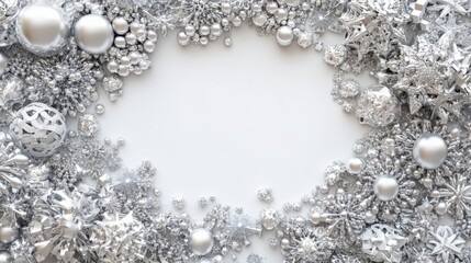 Obraz premium Silver and White Christmas Decoration Frame with Ornaments and Snowflakes on a Clean Background