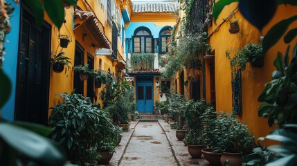 Fototapeta premium Narrow alleyway with colorful buildings and hanging plants - generated AI