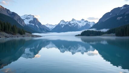 Naklejka premium Serene turquoise lake cradles majestic mountains, their reflections shimmering on the tranquil waters. A tapestry of nature's beauty unfolds in harmony with the sky above