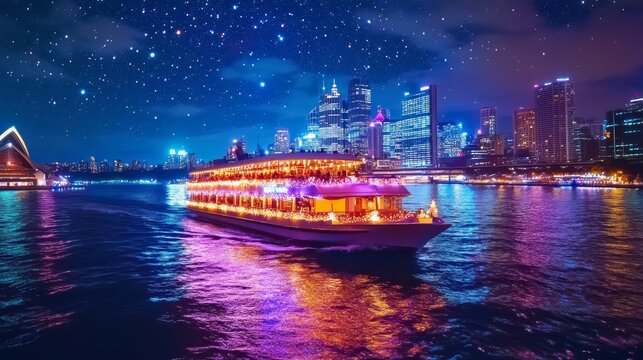 A dinner cruise boat illuminated by fairy lights, gliding under a starlit sky, with cityscapes in the background,