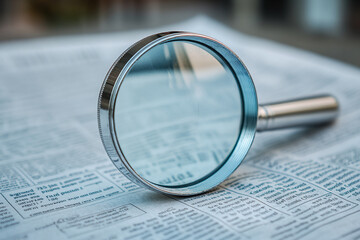 Magnifying glass zooming in on a newspaper news, symbolizing research, discovery, and analysis.	