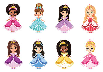 Set of different nationalities cute little princess with beautiful eyes and golden crown. Isolate on white background, Vector illustration in flat drawn cartoon style