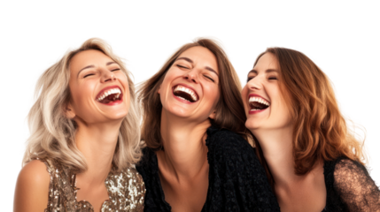 Three women laughing joyfully, showcasing friendship and happiness against a white isolated background, ideal for celebration themes.